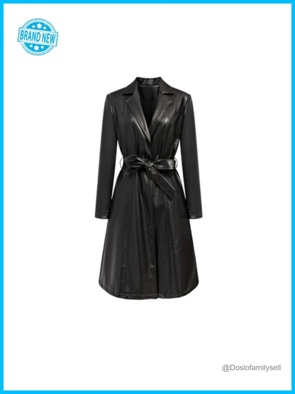 Faux PU Leather Trench Coat Long Sleeve Belted Overcoat